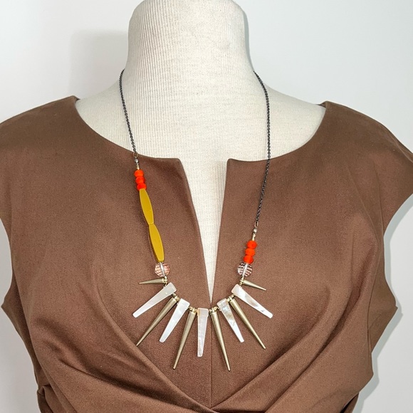Boho Tribal Necklace Multi Bead Orange Cream White Yellow Silver Chain Claw - Picture 1 of 8